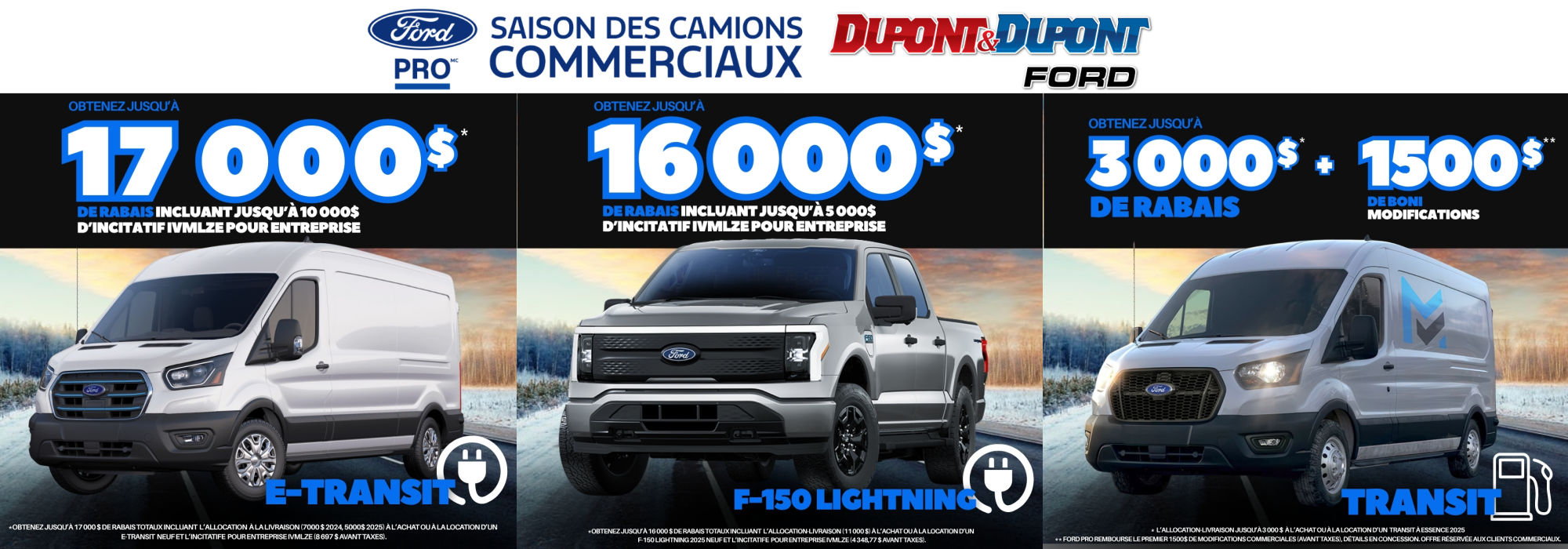 Image promotionnelle pour la saison des camions commerciaux Ford, mettant en avant des réductions allant jusqu'à 17 000 $ pour l'E-Transit, 16 000 $ pour le F-150 Lightning, et 3 000 $ pour le Transit, ainsi que 1 500 $ pour des modifications. Les offres incluent des incitatifs pour entreprises.