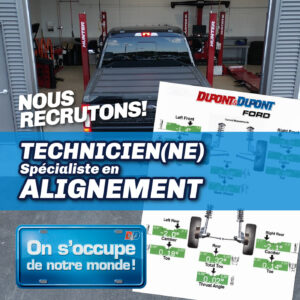 Image d'un garage automobile avec un véhicule sur un élévateur, affichant une annonce de recrutement pour un(e) technicien(ne) spécialiste en alignement, accompagné de graphiques techniques sur les mesures d'alignement des roues.