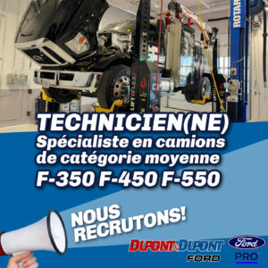 Image d'un garage automobile avec un camion Ford en cours de réparation. Annonce de recrutement pour un(e) technicien(ne) spécialisé(e) en camions de catégorie moyenne, modèles F-350, F-450 et F-550, chez Dupont & Dupont Ford.