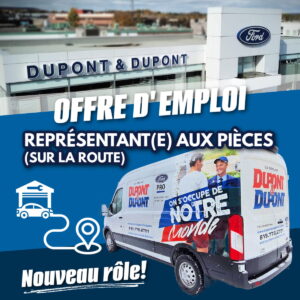 Job ad for a mobile parts representative at Dupont & Dupont with a branded van and dealership background.