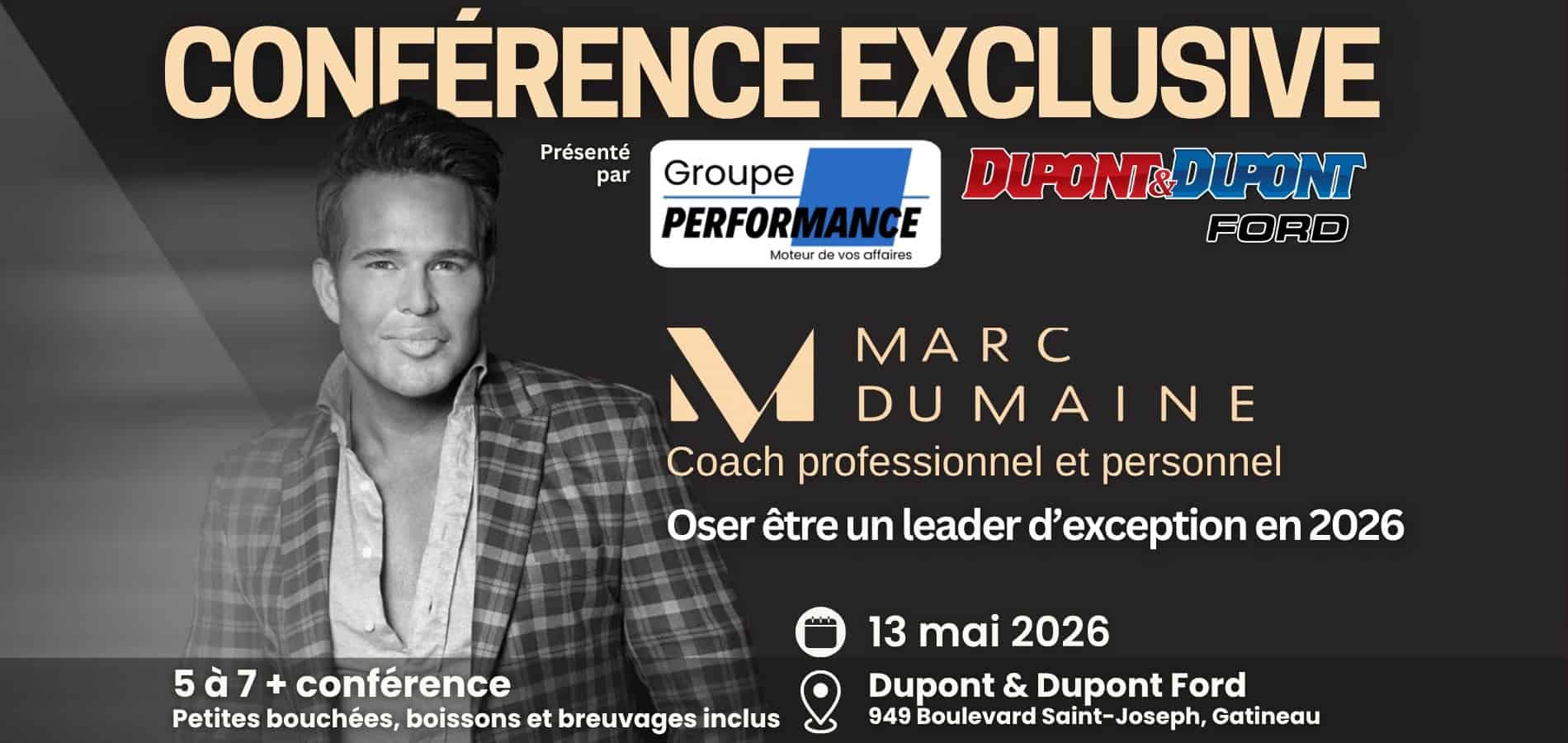 Conference poster featuring coach Marc Dumaine, scheduled for May 13, 2026, at Dupont Ford, Gatineau.