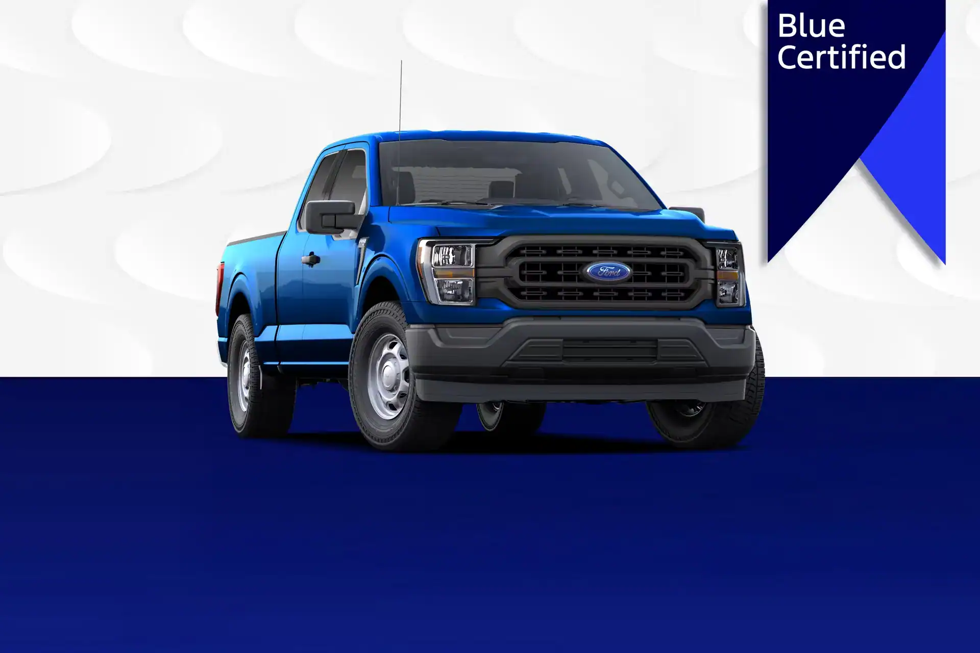 Blue Certified Ford F-150 pickup truck with modern design and advanced features.