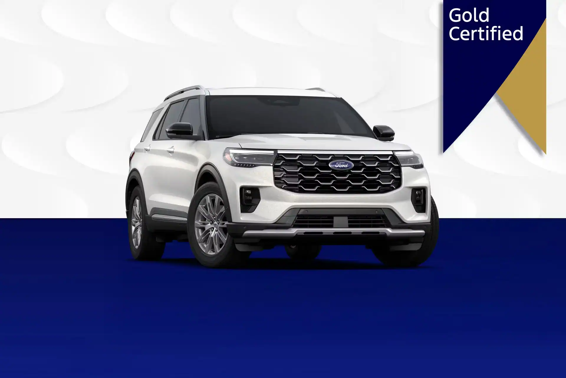 White Ford SUV on a blue and white background with a gold certified badge.